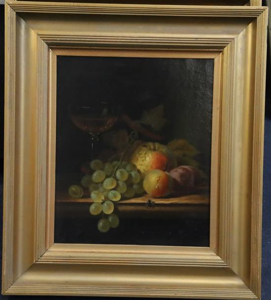 Henry George Todd (1847-1898) Still life of fruit and a wine glass upon a ledge 12 x 9.5in.